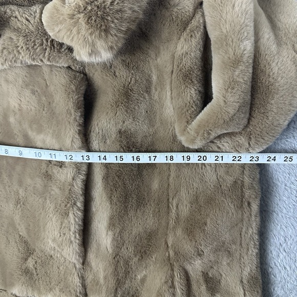 Gallery New York Womens L Hooded Faux Fur Coat Tan Plush Warm Satin Lined Jacket - Picture 12 of 16